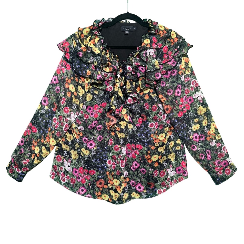 Ted Baker Amell Floral Ruffle Blouse Black Garden Print‎ Cottagecore Sz 4 US 10 - Picture 2 of 16
